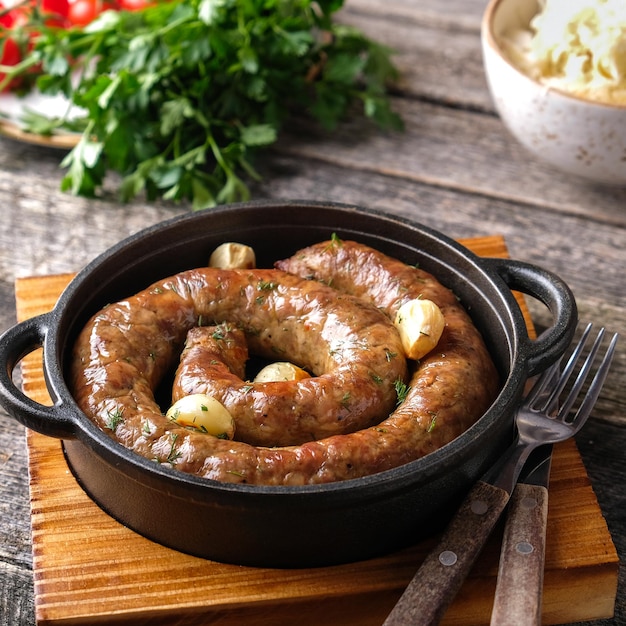 Homemade fried sausages on a pan