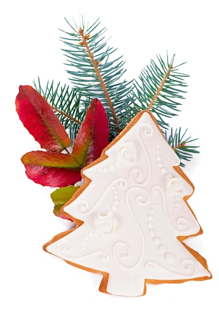 Homemade gingerbread cookies, festive Christmas and New Year sweet, background card isolated on white background.