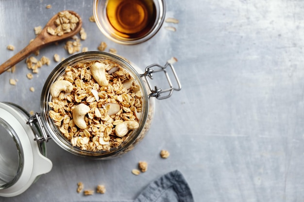 Homemade granola muesli in glass jar