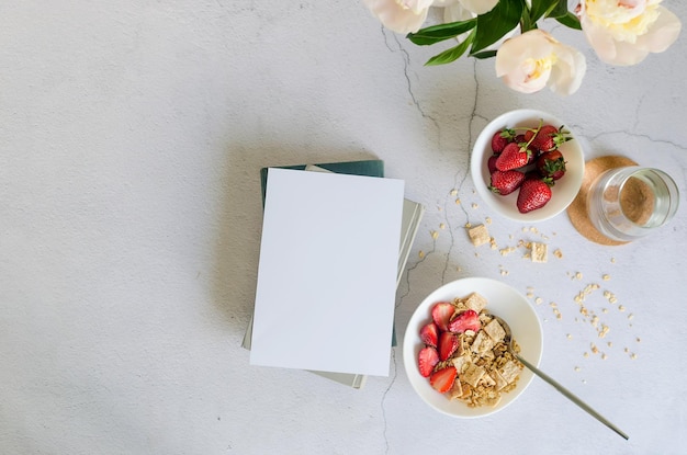 Homemade granola with fresh strawberry for breakfast