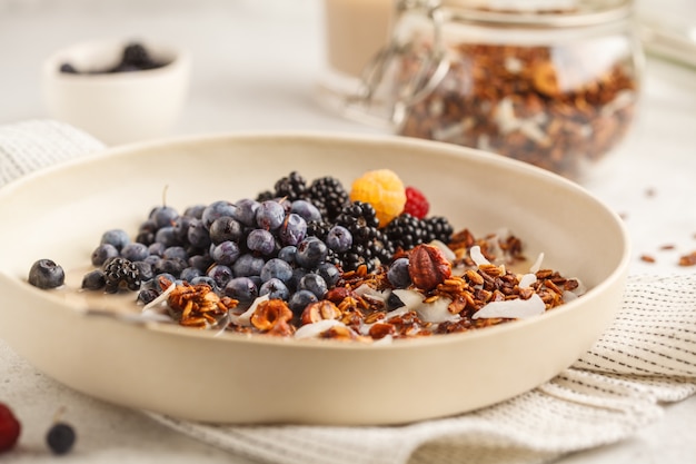 Homemade granola with nuts and coconut with berries and milk in a white plate.