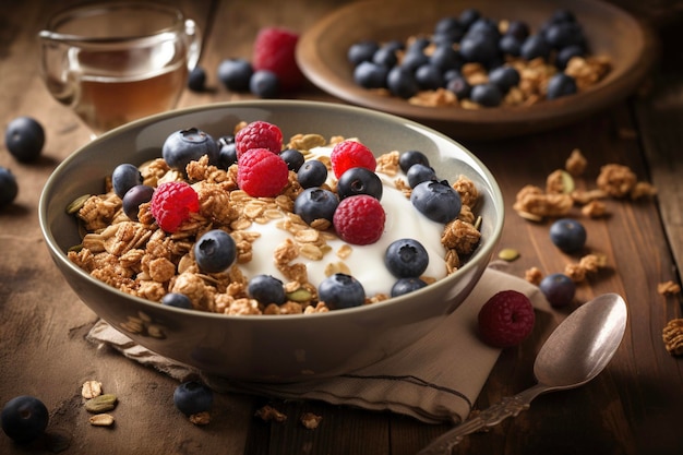 Homemade granola with yogurt and fresh berries