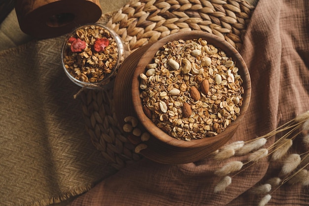 Homemade granola in wooden bowl