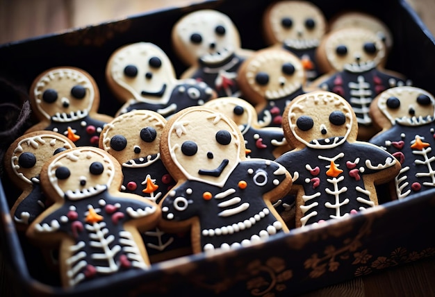 Homemade grotesque skull and skeleton sugar cookie during a Mexican folk celebration