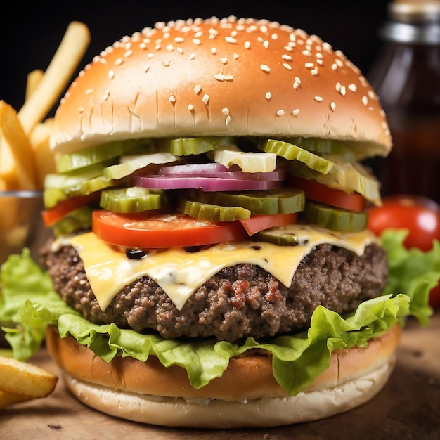 Homemade hamburger closeup with beef tomato lettuce cheese Ai Generated