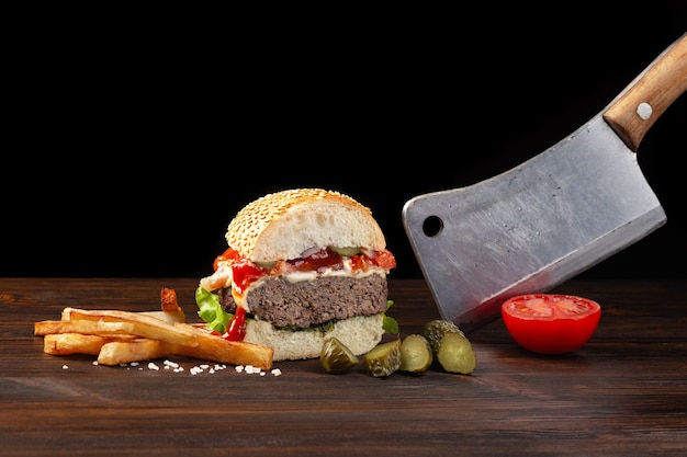 Homemade hamburger cut in half close-up with beef, tomato, lettuce, cheese and french fries on wooden table. Meat cleaver in hand. Fastfood on dark background.