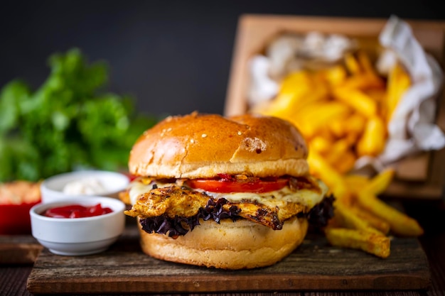 Homemade hamburger served with french fries. It looks delicious prepared with onions, hamburger patties, cheddar cheese and ham.