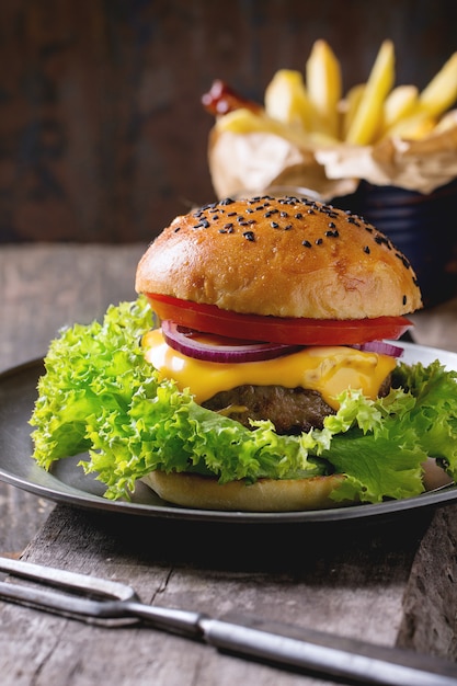 Homemade hamburger with french fries