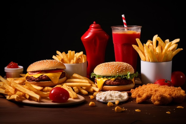 Homemade hamburger with fresh vegetables and french fries on dark background