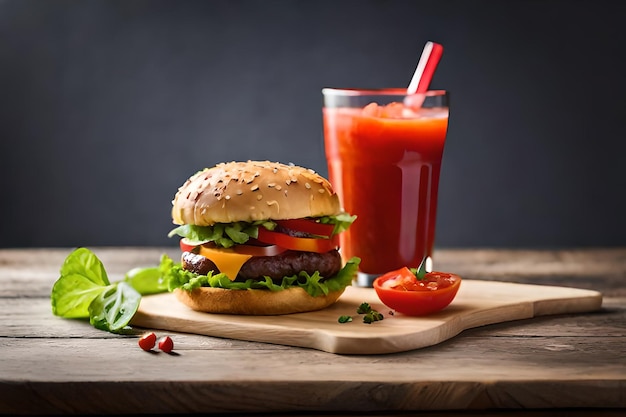 Homemade hamburger with fresh vegetables and tomato juice on wooden background Ai generative