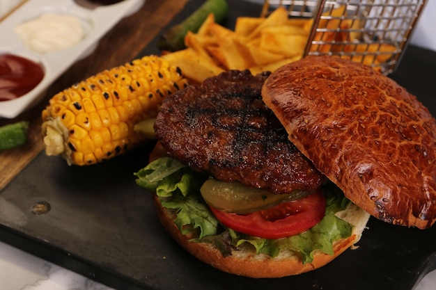 Homemade hamburger with fresh vegetables