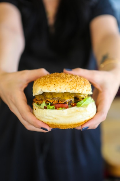 Homemade hamburger with fresh vegetables