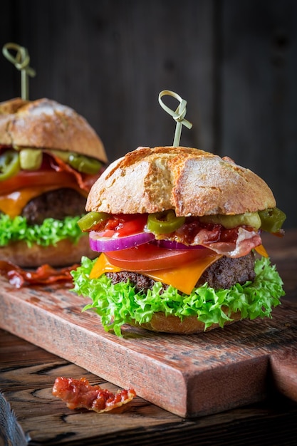 Homemade hamburger with onion tomato and lettuce