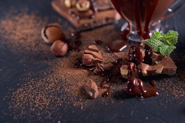 Homemade hazelnut spread or hot chocolate in glass bowl