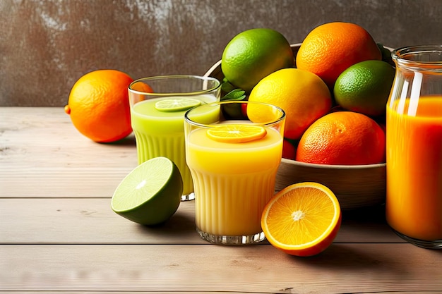 Homemade healthy juice from citrus fruits in kitchen