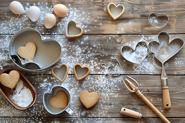 Homemade heartshaped cookies with flour and baking tools on a rustic wooden background