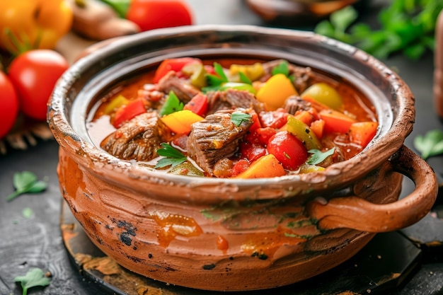 Homemade Hearty Beef Stew with Vegetables in Rustic Clay Pot on Dark Background Comfort Food