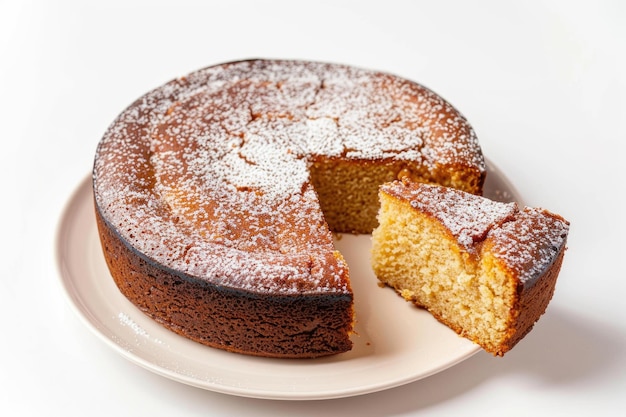 Homemade honey cake with cut piece on plate white background