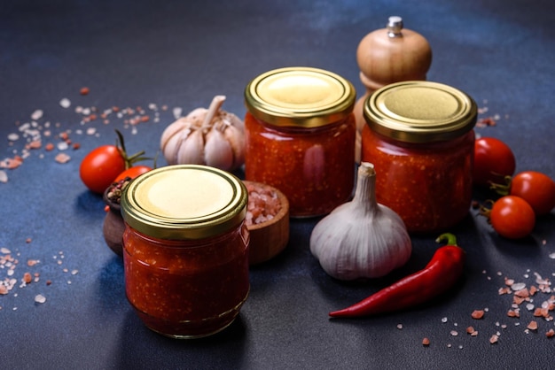 Homemade hot tomato sauce adjika in jars Tomatoes chilli pepper garlic and herbs