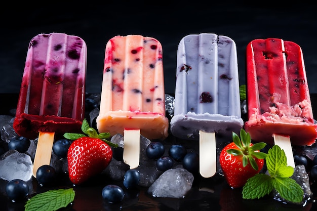 Homemade ice cream popsicles with blueberries and strawberries