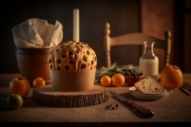 Homemade Italian panettone on rustic wooden table Traditional Christmas cake with candied fruits AI generated