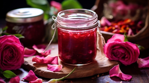 Homemade jam from rose petals on a wooden background Selective focus