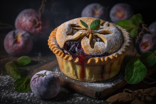 Homemade konfitura plum mini pie with bright tart plums end of december