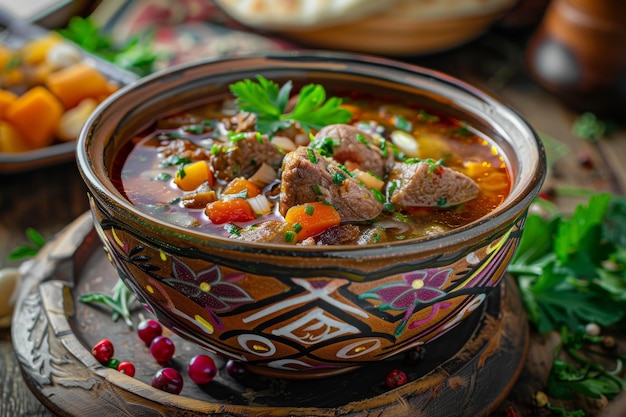 Homemade Lamb Soup Piti Putuk with Cherry Plums on Rustic Background Azerbaijani Bozbash