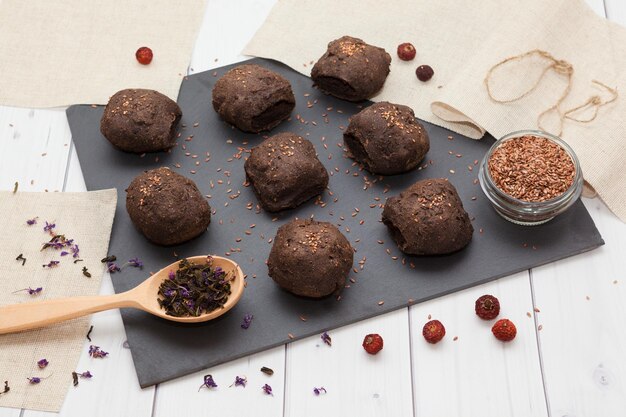 Homemade linen bread buns with till seeds no gluten without yeast healthy dietary food