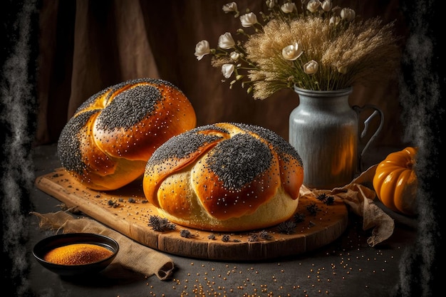 Homemade loaves of bread with sesame and poppy seeds