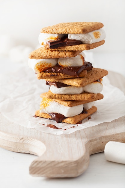 Homemade marshmallow s'mores with chocolate on crackers