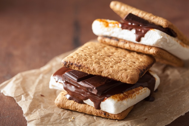 Homemade marshmallow s'mores with chocolate on crackers