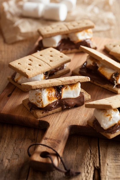 Homemade marshmallow s'mores with chocolate on crackers