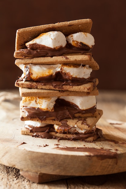 Homemade marshmallow s'mores with chocolate on crackers