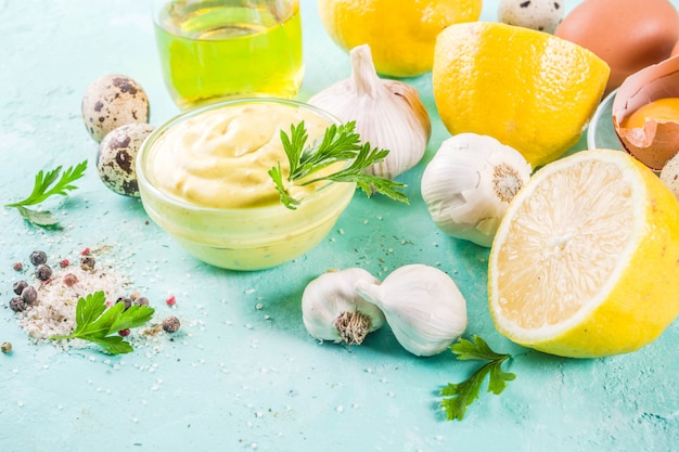 Homemade mayonnaise with ingredients