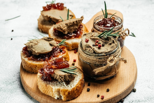 Homemade meat liver pate in a glass jar Restaurant menu dieting cookbook recipe