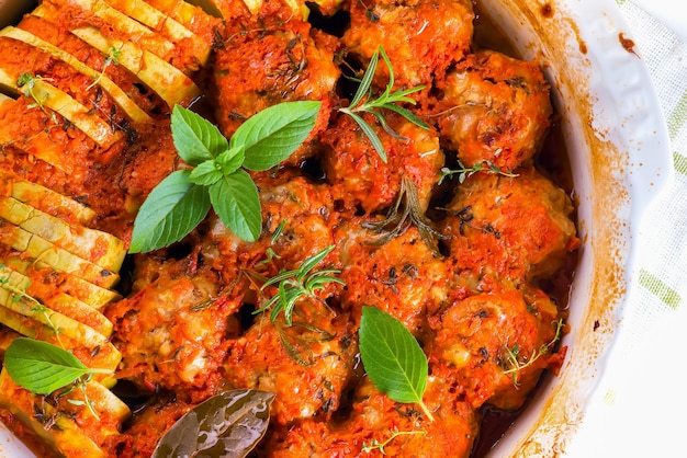 Homemade meatballs with tomato sauce in a white dish baked in the oven with herbs close up