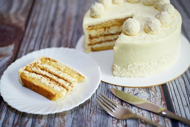 Homemade milk cake with coconut filling