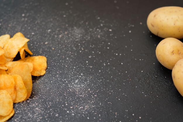 Homemade natural fried chips. spicy crisps snack and fresh organic potatoes