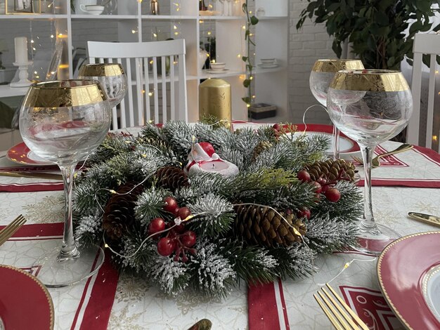 Homemade New Year's holiday table setting, family holiday concept