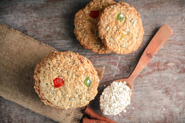 Homemade oat biscuits on a wooden 