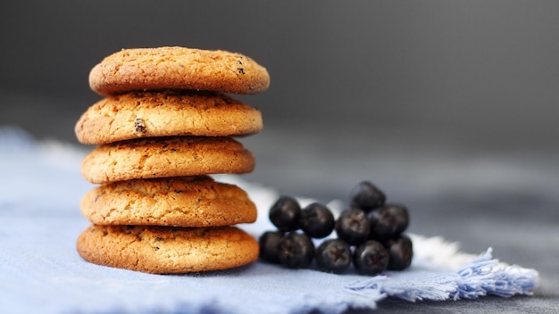 Homemade oatmeal cookies with raisins on a dark background