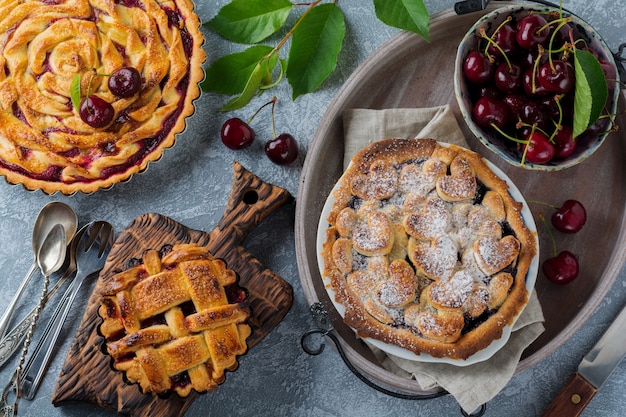 Homemade open cherry pie with lattice