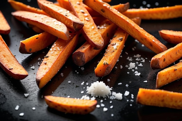 Homemade Orange Sweet Potato Fries with Salt and Pepperon a black background