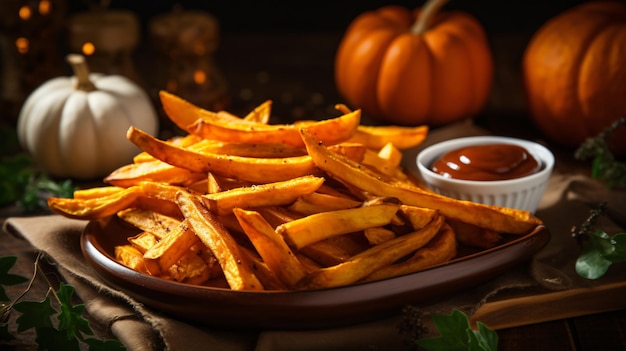 Homemade organic pumpkin french fries with sauce