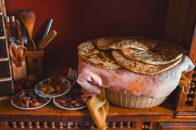 Homemade pancakes and dates in a traditional kitchen