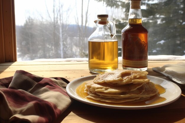 Photo homemade pancakes served with maple syrup