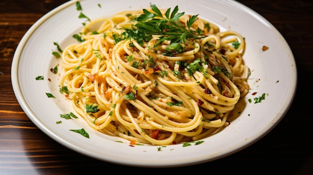 Homemade pasta aglio e olio dinner with fork