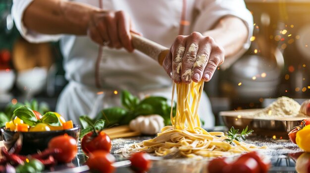 Homemade Pasta Chef Sprinkling Seasoning Culinary Scene