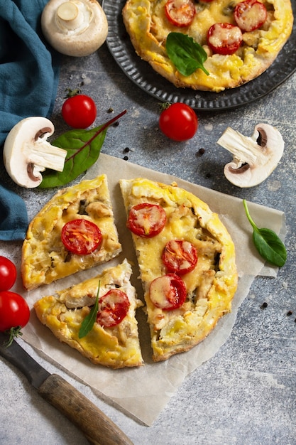 Homemade pastries with whole grain flour Galette with chicken cheese and mushrooms Copy space